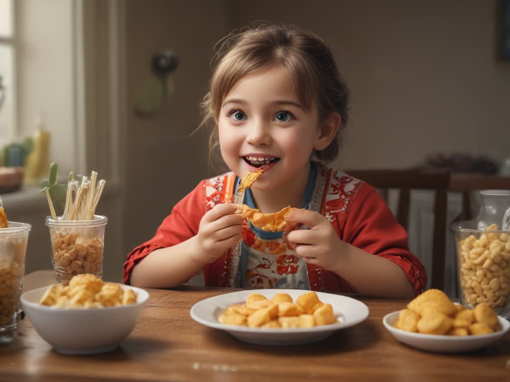 ultra realistic ((ultra realistic ((a child happily munching on snacks at the table)))) hyperrealistic, full body, detailed clothing, highly detailed, cinematic lighting, stunningly beautiful, intricate, sharp focus, f/1. 8, 85mm, (centered image composition), (professionally color graded), ((bright soft diffused light)), volumetric fog, trending on instagram, trending on tumblr, HDR 4K, 8K