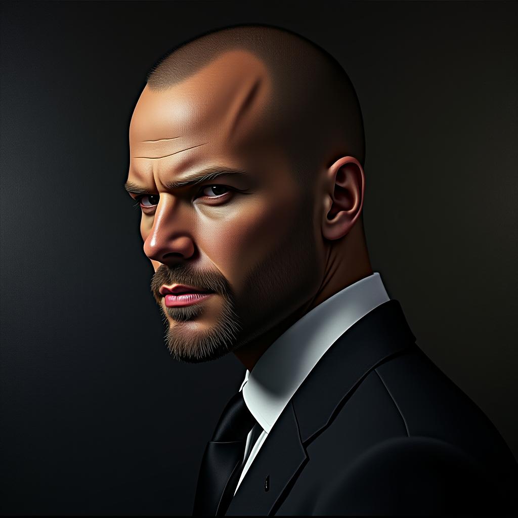  minimalist style close up of statham on a dark background, vector graphics, author kuno weber, computer graphics on trend, digital art, laurie earley, elegant oil painting, menacing look, pursed lips, stunning, 1024 pixel profile photo, glamorous . simple, clean, uncluttered, modern, elegant hyperrealistic, full body, detailed clothing, highly detailed, cinematic lighting, stunningly beautiful, intricate, sharp focus, f/1. 8, 85mm, (centered image composition), (professionally color graded), ((bright soft diffused light)), volumetric fog, trending on instagram, trending on tumblr, HDR 4K, 8K