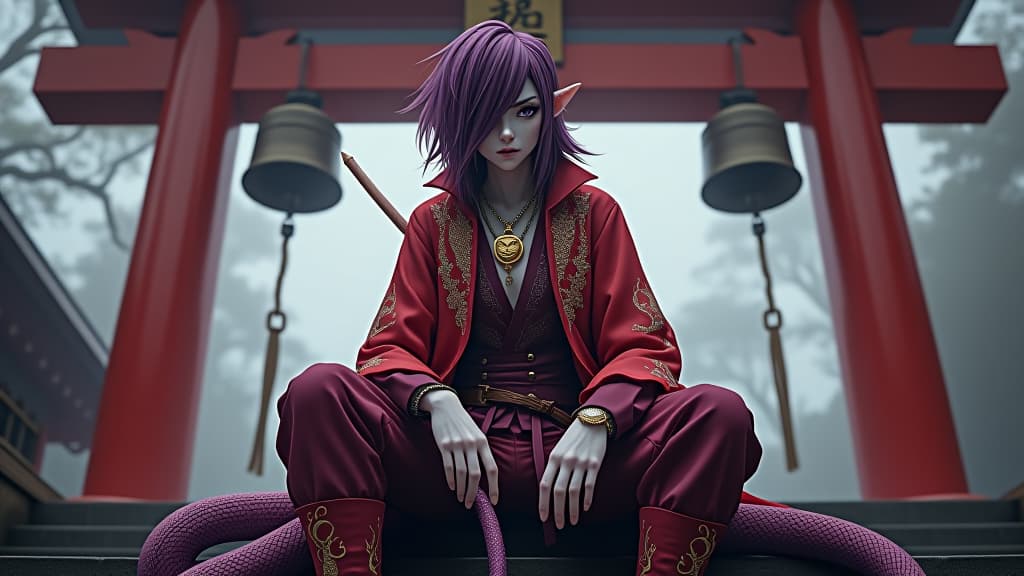  horror themed ringo sits on the high red gate theories on which thin ropes hang bells in front of the shinto temple in ringo's left hand holds the full sake grand pial ringo pirate is depicted in full growth a young mature dark male elf with marble white skin, purple scarlet hair, ringo wears a disheveled hairstyle of medium length, sharpened ear tips, lavender red eyes, wears a burgundy shirt with gold embroidery, in addition, he wears a dark red snake skin jacket with silver embroidery in the form of flames on the legs of the trousers also from a snake sized purpleinous skin, and wears a middle sized purple leather. around his neck is a gold chain with a medium sized gold medallion. the medallion depicts an angry smirking fox face, rin