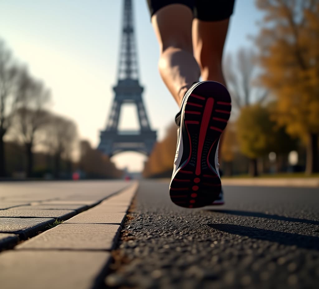  close up of a runners feet as they race towards the eiffel tower in paris.