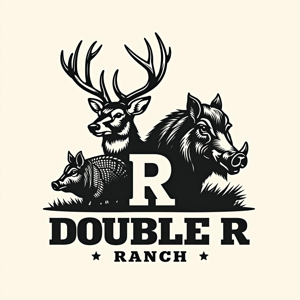  design a logo, sleek black and white logo design which incorporates a deer , a turkey and a wild hog, with 2 letter r facing back to back in the forefront. the text title is “double r ranch”