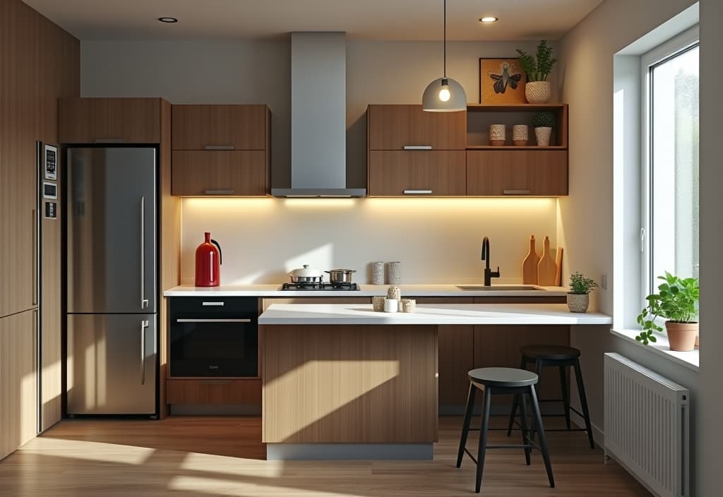  a landscape photo of a stylish, compact kitchen featuring a fold down table against the wall, surrounded by sleek, space saving appliances and minimalist decor hyperrealistic, full body, detailed clothing, highly detailed, cinematic lighting, stunningly beautiful, intricate, sharp focus, f/1. 8, 85mm, (centered image composition), (professionally color graded), ((bright soft diffused light)), volumetric fog, trending on instagram, trending on tumblr, HDR 4K, 8K