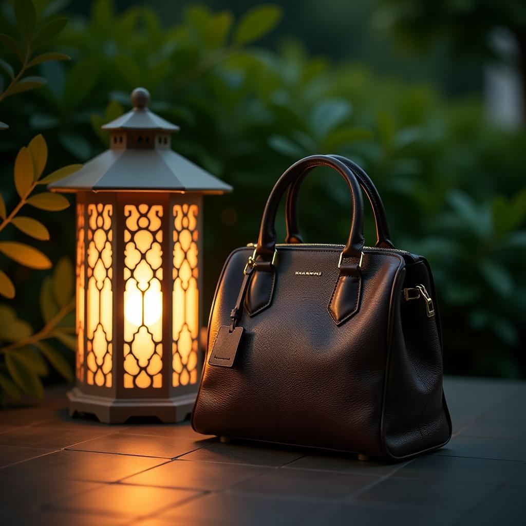  a luxurious bag placed elegantly in a soft, ambient light that emanates from an intricately designed lantern. the scene showcases a split view angle, emphasizing the contrast between the luxurious texture and elegance of the bag and the warm, inviting glow of the lantern. the background is enriched with lush greenery, symbolizing growth and prosperity. the image conveys a sense of harmony, blending opulence with natural beauty, evoking feelings of tranquility and sophistication. each element tells a story of balance between luxury and nature, capturing a moment where high fashion meets serene surroundings.