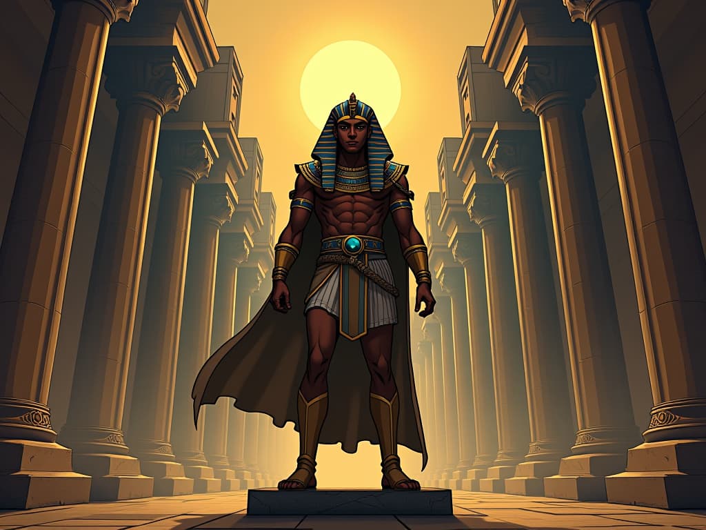  pharaoh poised mid step, ready to change direction within a labyrinthine city, symbolizing readiness to pivot. the style is digital art illustration / modern comic book / mysterious occult, symbolic, esoteric vibe,high detail on character design, incorporating ancient egyptian symbology and attire.