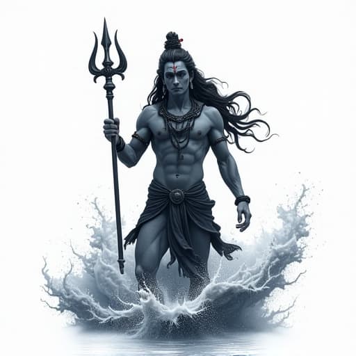  make an image that demotes sathyam (truth), shivam (divinity), sundaram (beauty). make the background in ultra clean white . for shiva show his silhoutte and a trident with a moon and ganga flowing