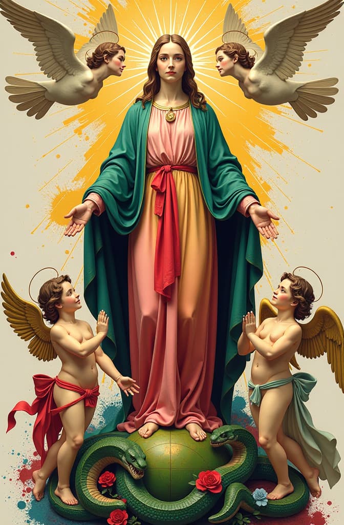  create an image featuring a stylized representation of the immaculate conception, similar to traditional artworks from the 1780s made exclusively for the dogma of the immaculate conception: a central female figure standing on a globe with her foot on the head of a serpent, her hands clasped, dressed in flowing robes (colored: green, red, yellow, green, blue, and pink). surround this figure with cherubs or angels, and include above her head a descending dove representing the holy spirit. the background should be modernized in a high abstract graffiti art style, using bold splashes of color that suggest both reverence and contemporary artistic expression, while retaining elements such as halos to signify holiness. integrate urban design eleme hyperrealistic, full body, detailed clothing, highly detailed, cinematic lighting, stunningly beautiful, intricate, sharp focus, f/1. 8, 85mm, (centered image composition), (professionally color graded), ((bright soft diffused light)), volumetric fog, trending on instagram, trending on tumblr, HDR 4K, 8K