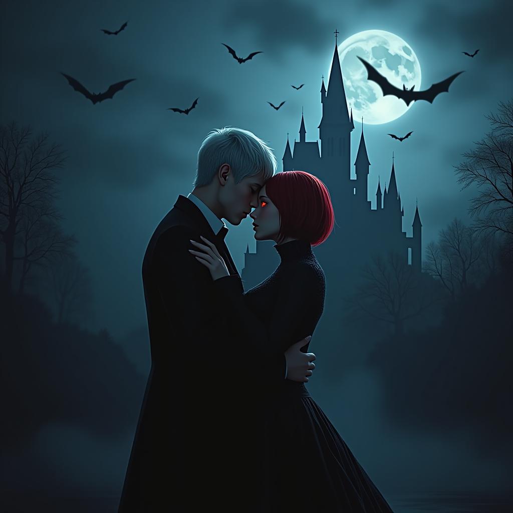  art, a vampire couple in love, at night against the background of a gothic castle, bats are flying in the sky, a guy stands behind and hugs a girl around the waist, a girl has short red hair, a guy has short white hair, they eyes are burning hyperrealistic, full body, detailed clothing, highly detailed, cinematic lighting, stunningly beautiful, intricate, sharp focus, f/1. 8, 85mm, (centered image composition), (professionally color graded), ((bright soft diffused light)), volumetric fog, trending on instagram, trending on tumblr, HDR 4K, 8K