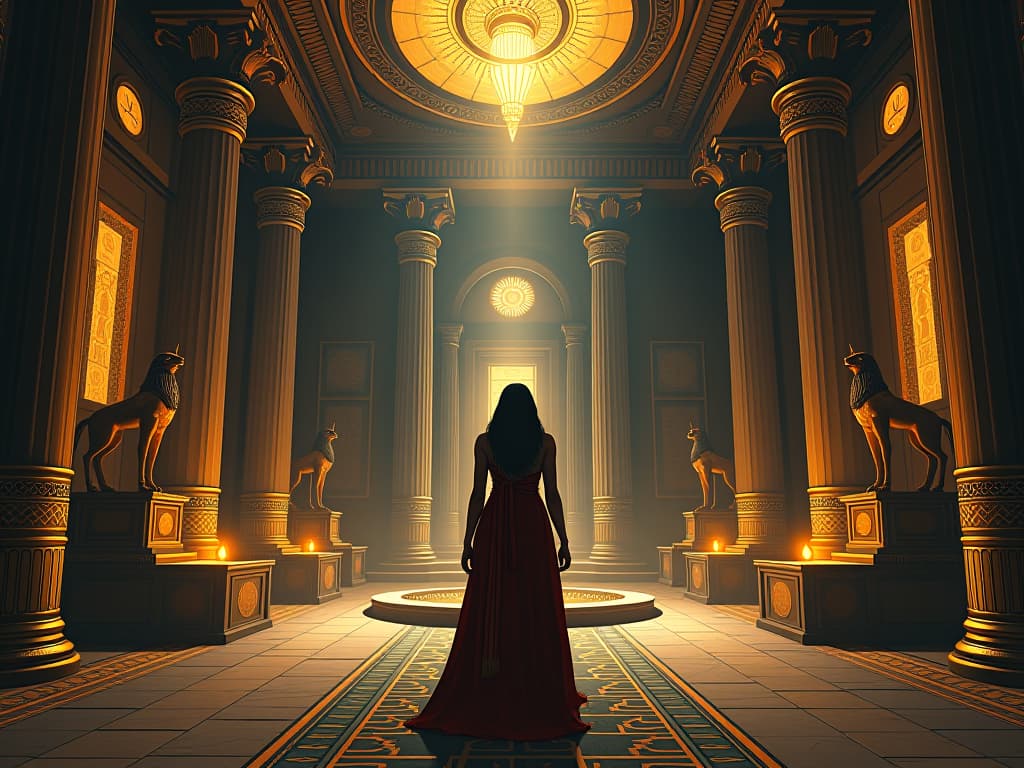  an elaborate temple chamber with golden symbols and mystic artifacts, a sense of profound insights and hidden potential. the style is digital art illustration / modern comic book / mysterious occult, symbolic, esoteric vibe,high detail on character design, incorporating ancient egyptian symbology and attire.