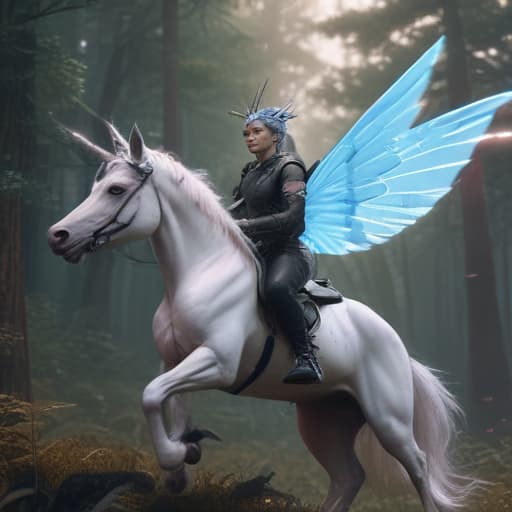 Flying fairy with a unicorn horn in Cyberpunk style with Forests background