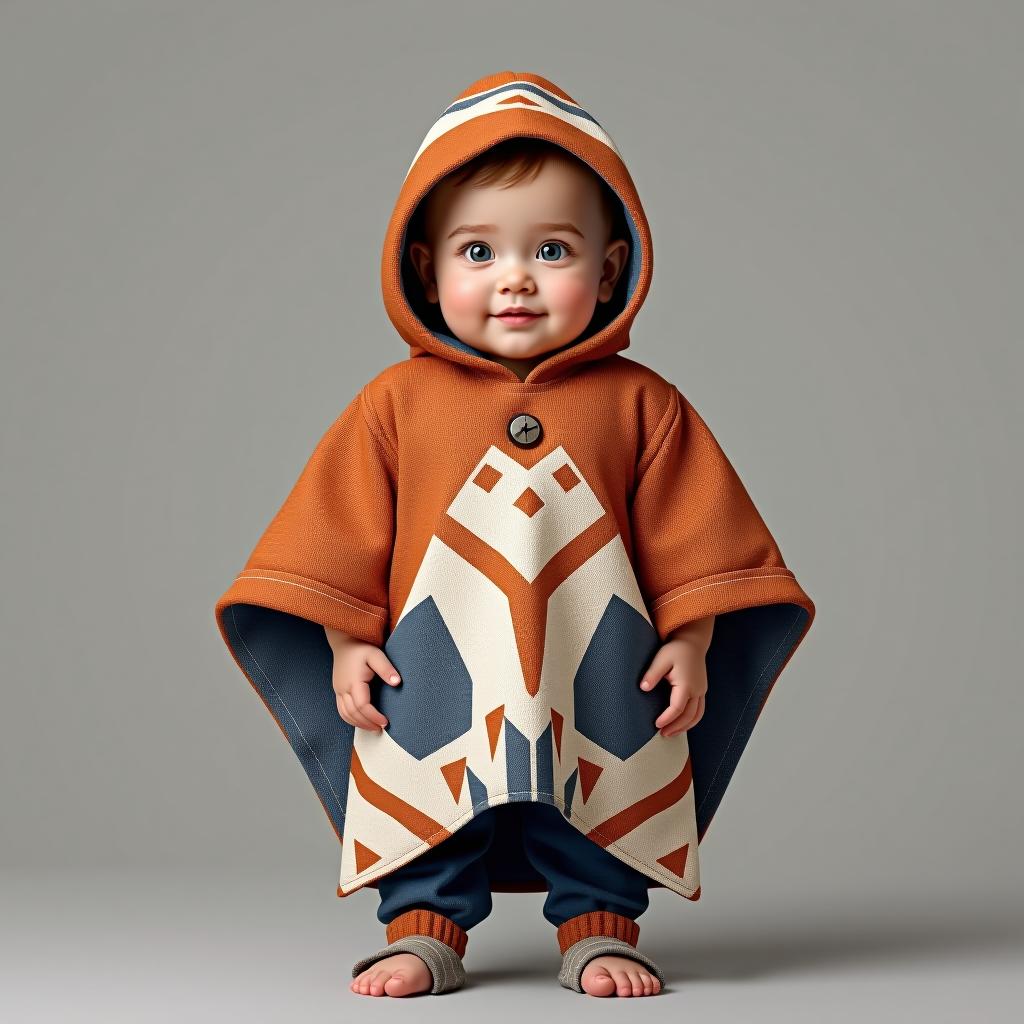  create an image of a full body babies wearing poncho with the following specifications:\n fabric material: cotton\n fit: slim fit\n sleeve length: sleeveless\n neck style: crew neck\n fabric weight: lightweight\n texture and finish: smooth\n usage: casual\n branding: patch logo\n fabric design : geometric, colors: rgb(103,187,228) , rgb(249,214,36) , rgb(4,241,31), \n additional features: pockets