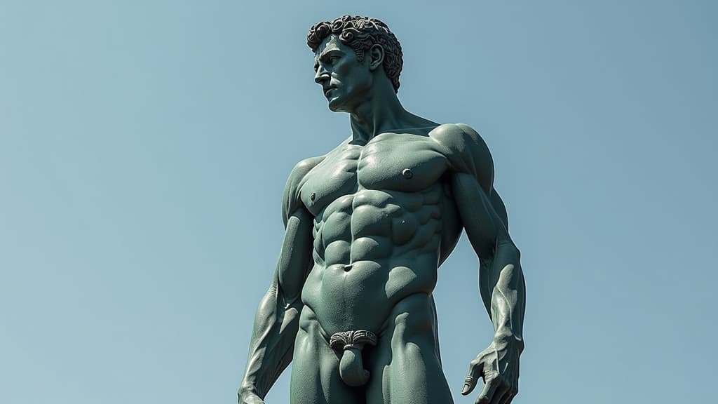  an imposing statue of iron, graceful, muscular, stoicism, statue of stoicism