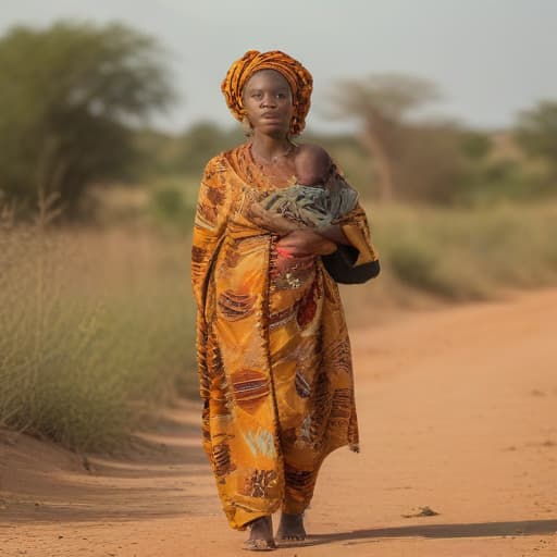 Mama africaine portant un boubou wax marchant de dos avec son fils en plein désert du Mali in Cinématographique style with Nature background