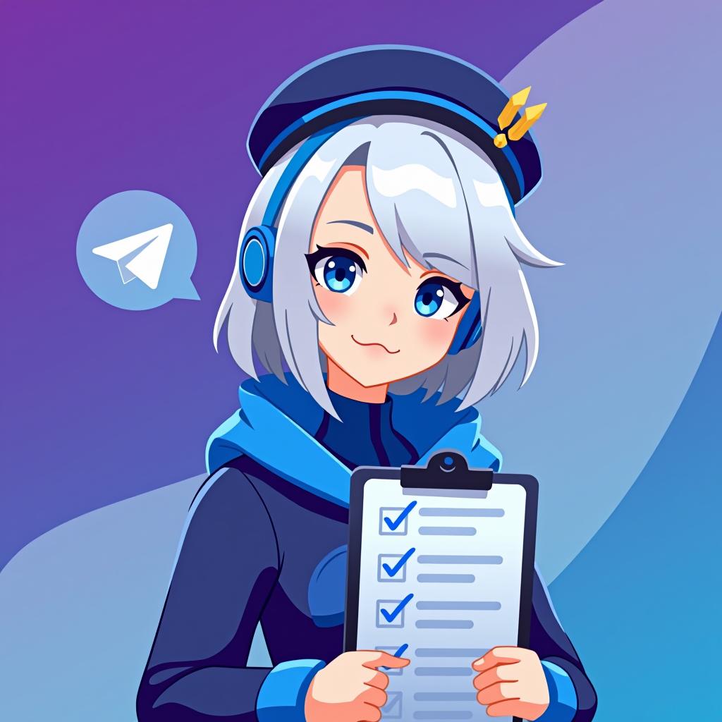  good quality, high quality, a profile picture for a telegram group management bot featuring emilia from re:zero. emilia is depicted with her silver hair and blue eyes, with hat, holding a stylized clipboard with a checklist. the background is a soft gradient of telegram logo purple and blue, symbolizing efficiency and organization. the telegram iconic logo is subtly integrated into the background, starting small near emilia and gradually growing in size and brightness as it moves outward, blending smoothly with the gradient colors.