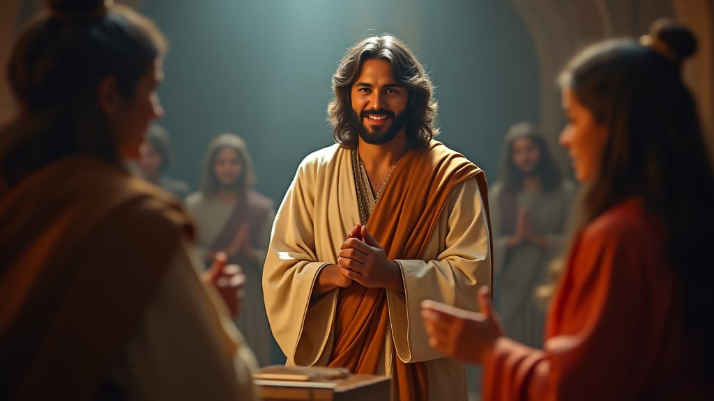  history of biblical times, isaac giving a sermon to his family about trust in god, illustrated with a serene and hopeful expression. hyperrealistic, full body, detailed clothing, highly detailed, cinematic lighting, stunningly beautiful, intricate, sharp focus, f/1. 8, 85mm, (centered image composition), (professionally color graded), ((bright soft diffused light)), volumetric fog, trending on instagram, trending on tumblr, HDR 4K, 8K