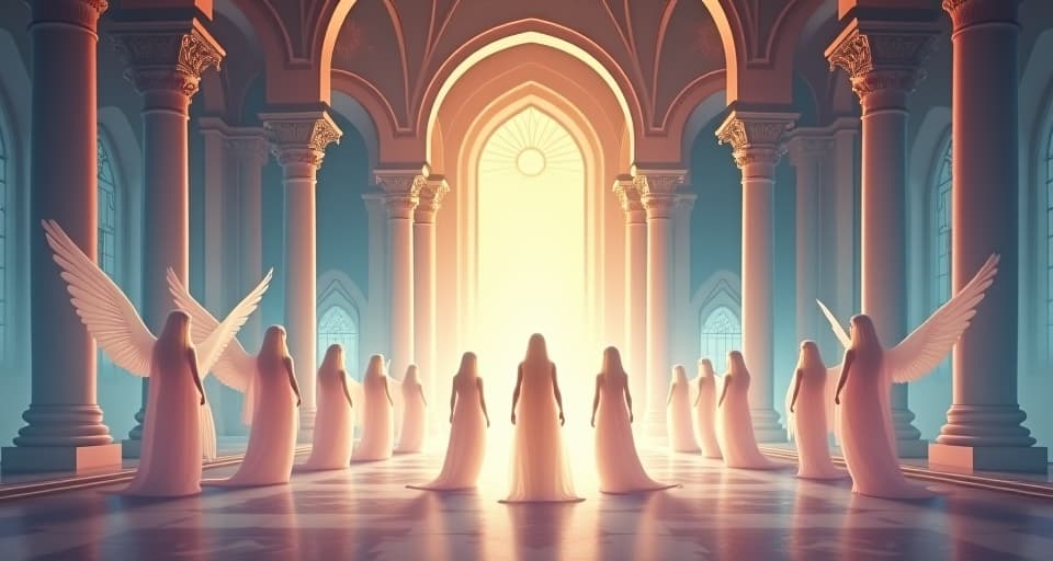  an ethereal courtroom with celestial beings in flowing, glowing attire, magical, transparent architecture, serene environment with pastel hues and gentle luminescence.. the style is digital art illustration,highly detailed, whimsical,magical, dreamlike atmosphere, realism and fantasy blend, smooth, glossy textures,luminous quality, wonder and enchantment.