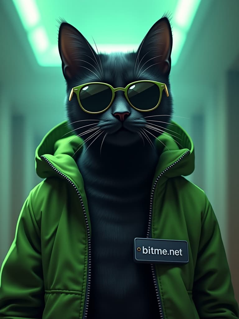  black cat in green jacket and sunglasses, 2d bit style, comics style, on jacket label text "bitme.net" hyperrealistic, full body, detailed clothing, highly detailed, cinematic lighting, stunningly beautiful, intricate, sharp focus, f/1. 8, 85mm, (centered image composition), (professionally color graded), ((bright soft diffused light)), volumetric fog, trending on instagram, trending on tumblr, HDR 4K, 8K