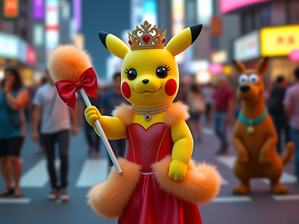  pikachu performing as drag queen in tokyo, homer simpson and scooby doo are in the public