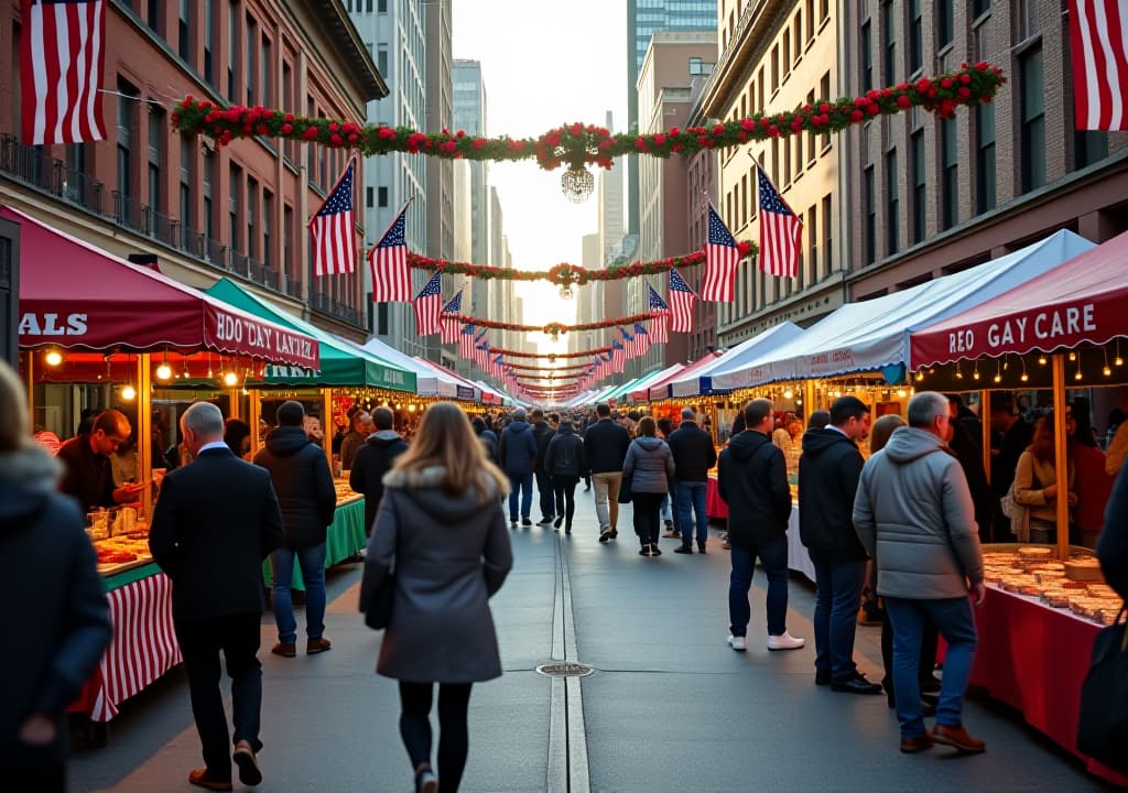  public holiday street fair with vendors and games, lively celebration