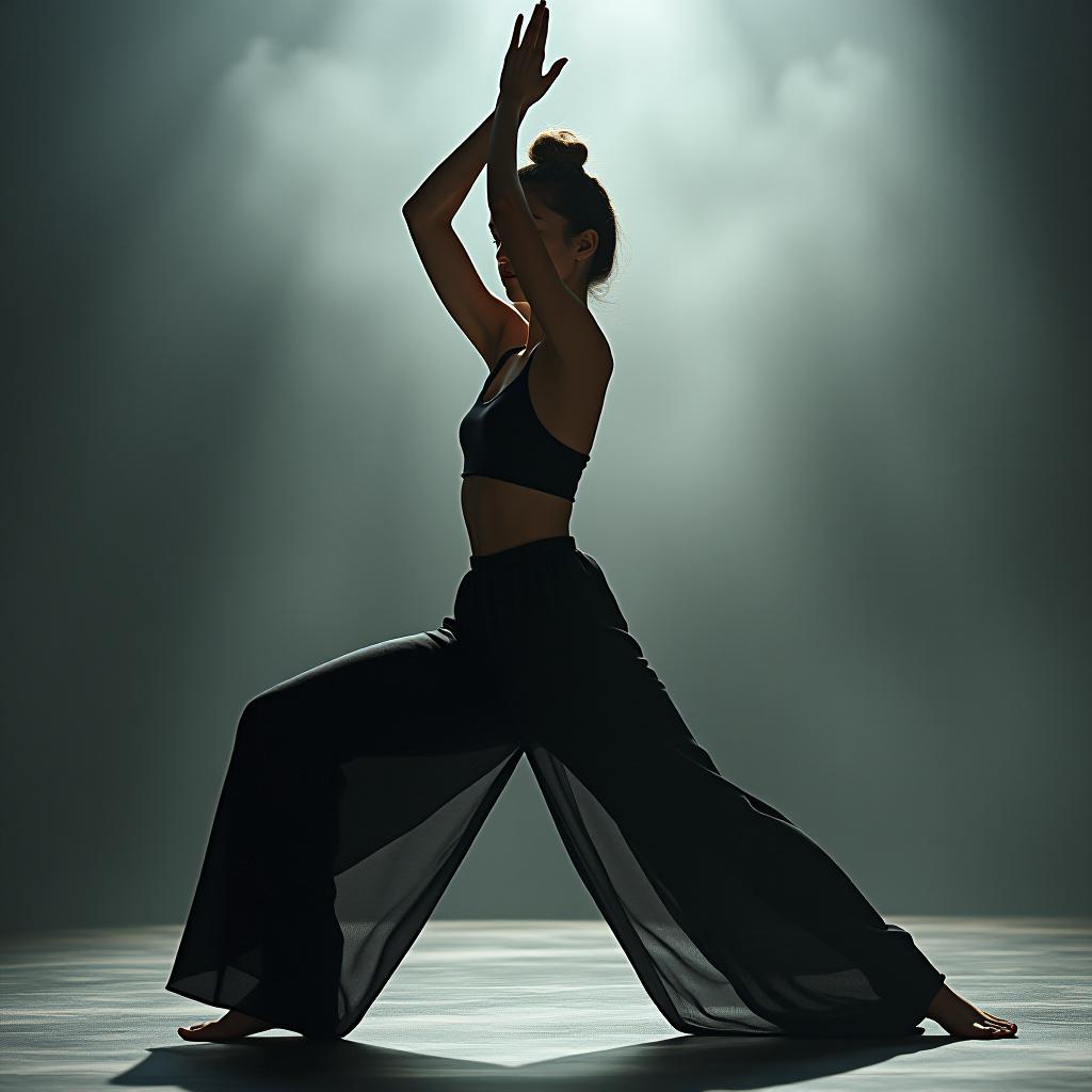  a girl on the side is doing yoga in a black outfit, with pants that are flared at the bottom. hyperrealistic, full body, detailed clothing, highly detailed, cinematic lighting, stunningly beautiful, intricate, sharp focus, f/1. 8, 85mm, (centered image composition), (professionally color graded), ((bright soft diffused light)), volumetric fog, trending on instagram, trending on tumblr, HDR 4K, 8K