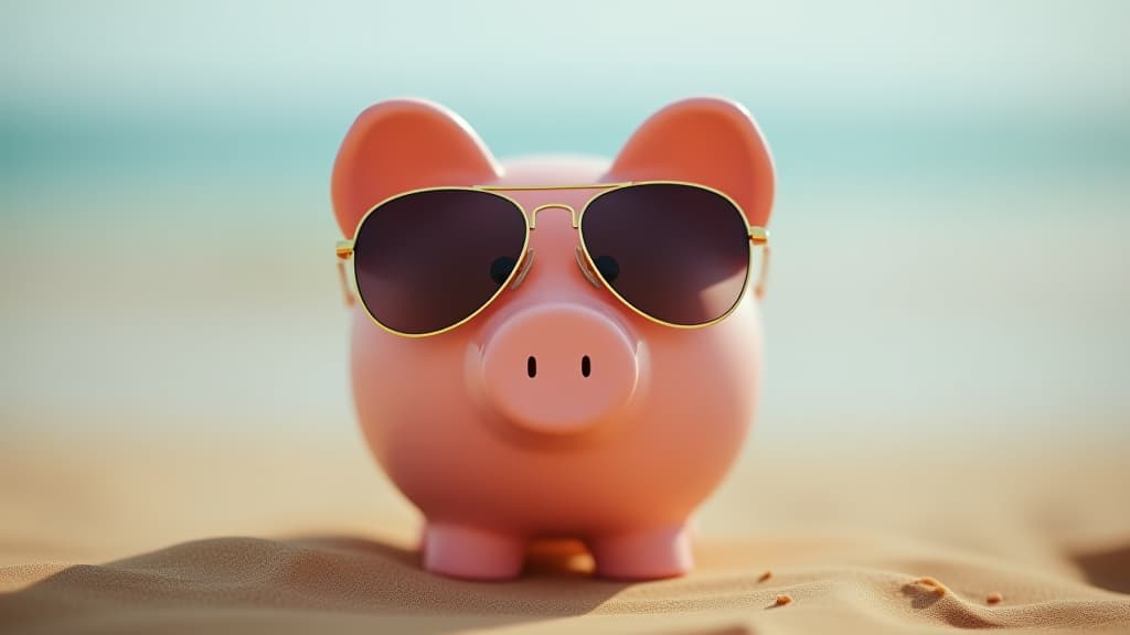  piggy bank wearing sunglasses chilling at the beach, save money for vacation concept, blur background