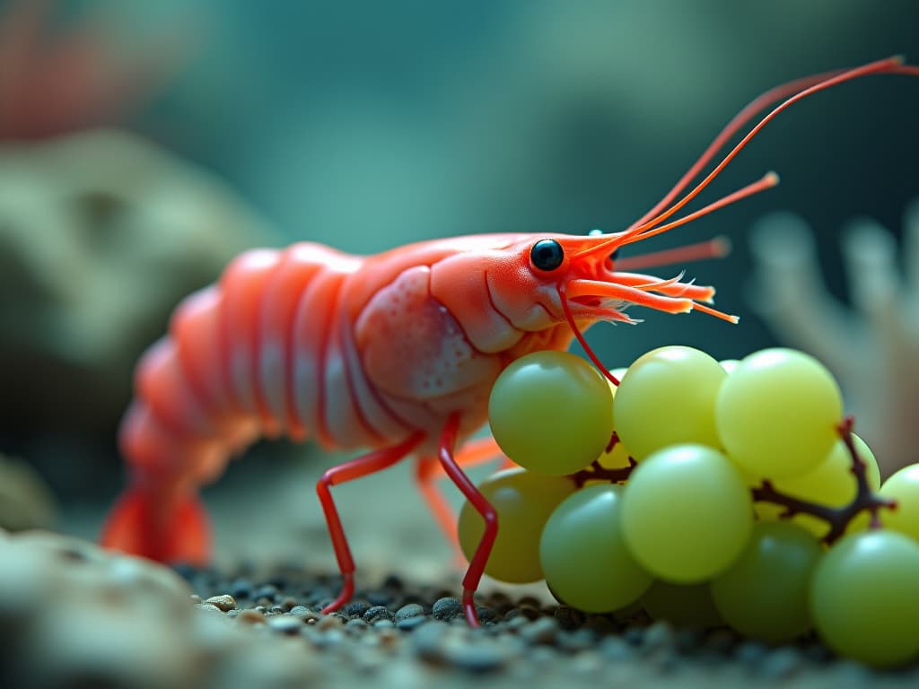  a colorless shrimp on the seabed smiles happily while eating green grapes. cartoon style. colorful. firooze hyperrealistic, full body, detailed clothing, highly detailed, cinematic lighting, stunningly beautiful, intricate, sharp focus, f/1. 8, 85mm, (centered image composition), (professionally color graded), ((bright soft diffused light)), volumetric fog, trending on instagram, trending on tumblr, HDR 4K, 8K