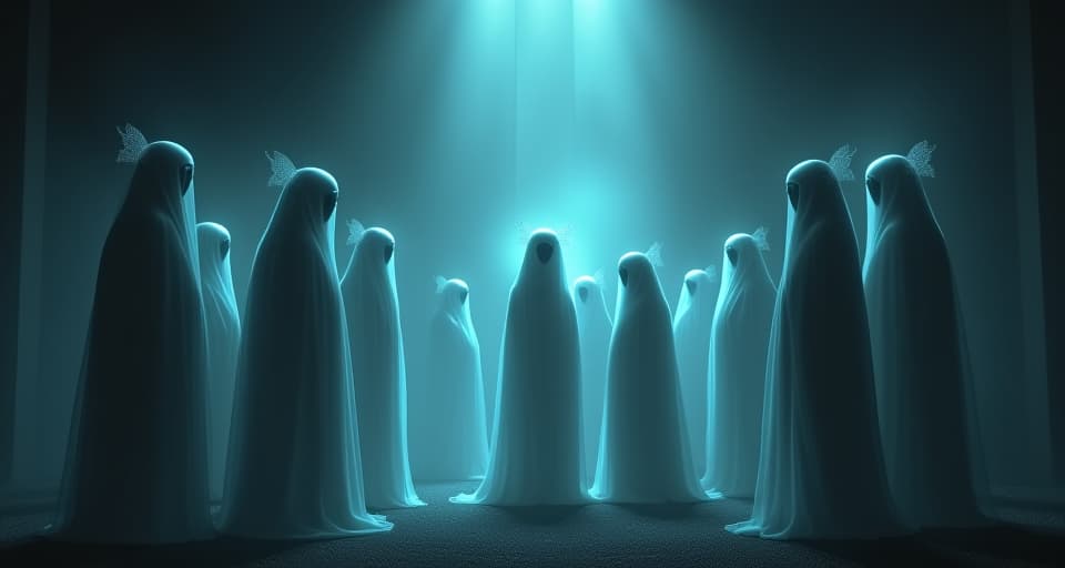  a group of ethereal beings, gathered in a dimly lit room, shadows cast by a lack of light. mood: somber, collective.. the style is digital art illustration,highly detailed, whimsical,magical, dreamlike atmosphere, realism and fantasy blend, smooth, glossy textures,luminous quality, wonder and enchantment.