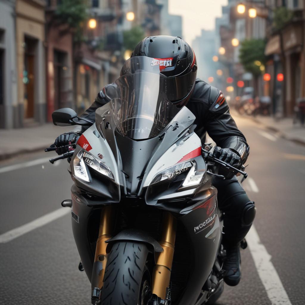 ((masterpiece)), (((best quality))), 8k, high detailed, ultra detailed, Rider wearing SHOEI X14 helmet on streets with Aprilia RSV4, helmet reflection in rearview mirror, vibrant cityscape in the background, dynamic motion blur effect on motorcycle, dramatic lighting highlighting the rider's silhouette hyperrealistic, full body, detailed clothing, highly detailed, cinematic lighting, stunningly beautiful, intricate, sharp focus, f/1. 8, 85mm, (centered image composition), (professionally color graded), ((bright soft diffused light)), volumetric fog, trending on instagram, trending on tumblr, HDR 4K, 8K