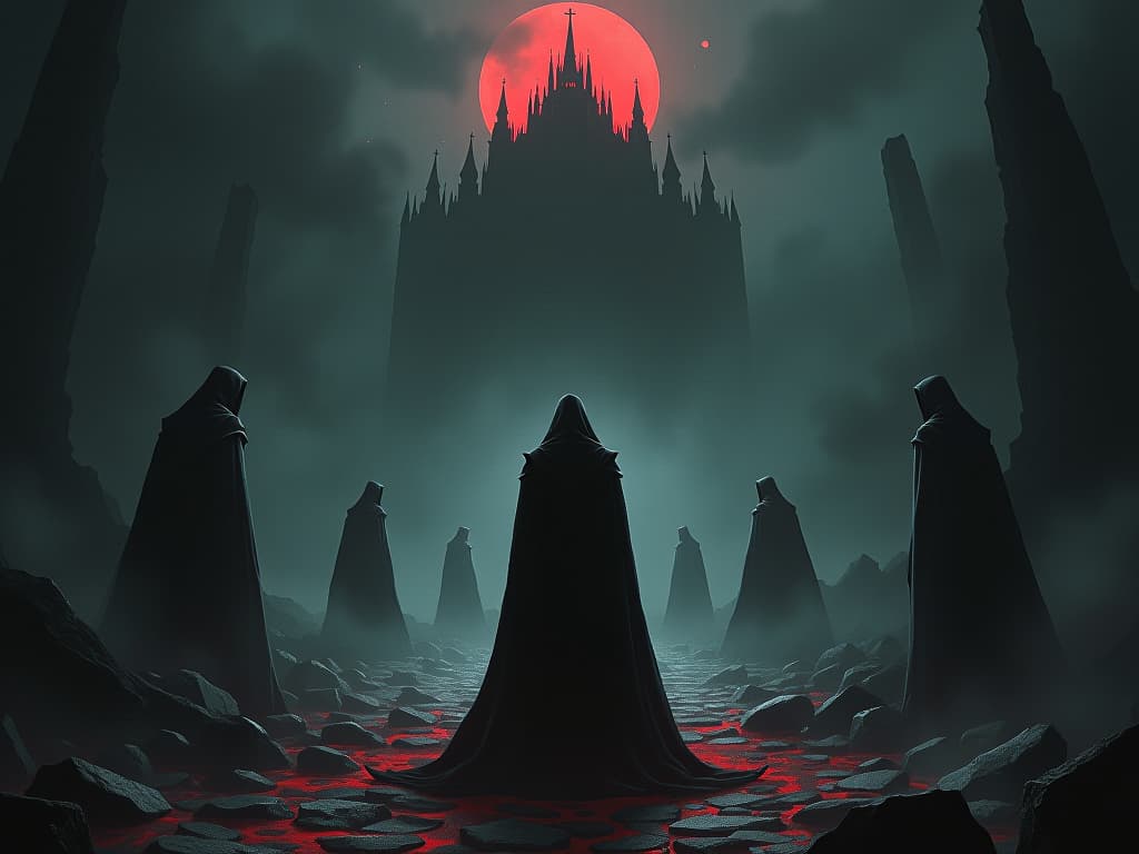  expansive shadowy realm, distant figures watching intently, central character burdened by unseen scrutiny, air thick with paranoia. the style is dark fantasy and mysterious occult, symbolic, moody lighting, esoteric vibe,high detail on character design. for the color scheme emphasize blacks and reds.