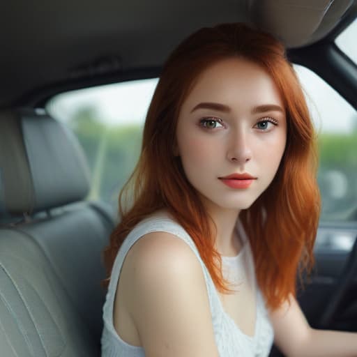 one beautiful young Red Head with big preety eyes sitting in one pose in the car, ((one with big beautiful red eyes sitting in one pose in the car)), ((in dress)), very skinny, 18 years old,((looking at viewer)), smile, (((big beautiful red eyes))), (close-up),, (((in simple clothes)))girl fitness hyperrealistic, full body, detailed clothing, highly detailed, cinematic lighting, stunningly beautiful, intricate, sharp focus, f/1. 8, 85mm, (centered image composition), (professionally color graded), ((bright soft diffused light)), volumetric fog, trending on instagram, trending on tumblr, HDR 4K, 8K