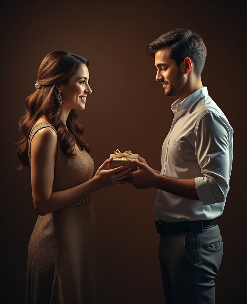  hdr photo of a beautiful woman in a dress gives a man in a shirt a small gift, a model, on a dark brown background . high dynamic range, vivid, rich details, clear shadows and highlights, realistic, intense, enhanced contrast, highly detailed