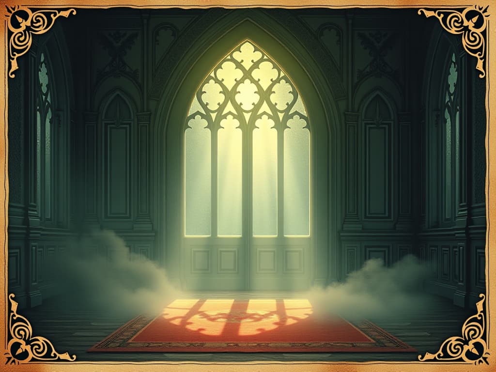  a room filled with morning light, mist dissipating, fresh and airy vibes, sense of calm and lightness, atmosphere of tranquility. an illustration in the style of a worn, mystical old tarot trump card, mysterious and elements of surrealism. the colors are muted, somber and eerie, but with contrast bring out an occult and esoteric vibe.