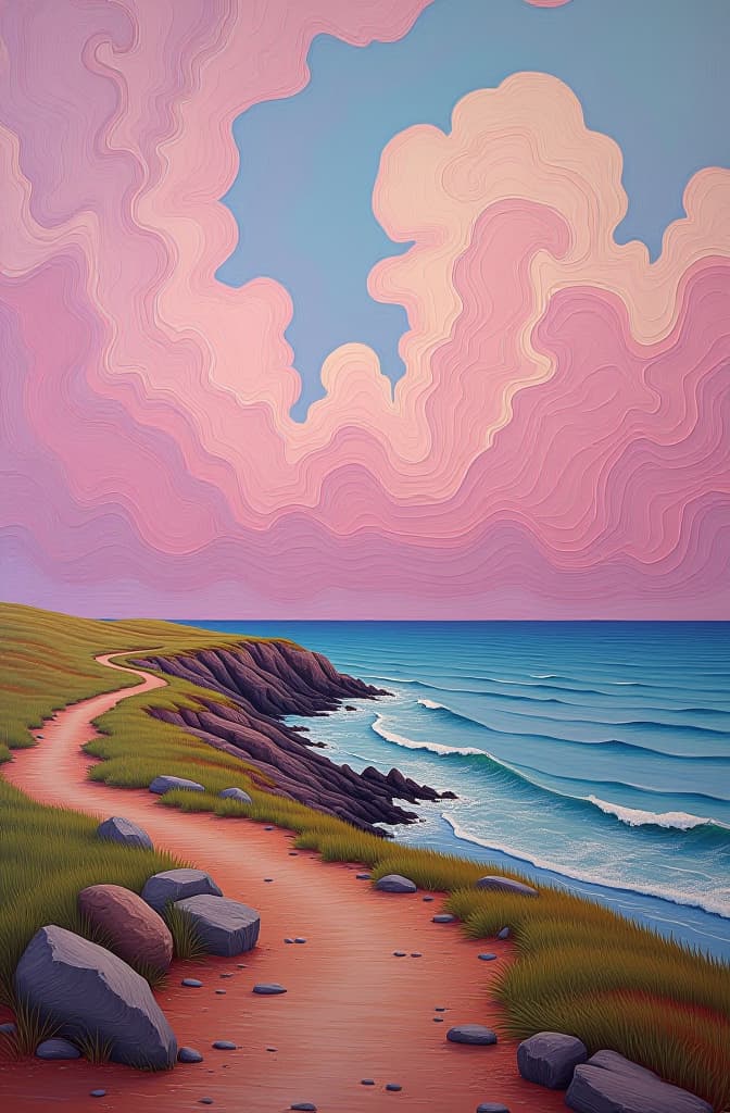  magic pink wood landscape and the sea oil painting, style mark ryden, pop surrealism, low brow, light pink, oil painting, texture, clouds, style vincent van gogh, hd, high detail brushes texture, oil painting hyperrealistic, full body, detailed clothing, highly detailed, cinematic lighting, stunningly beautiful, intricate, sharp focus, f/1. 8, 85mm, (centered image composition), (professionally color graded), ((bright soft diffused light)), volumetric fog, trending on instagram, trending on tumblr, HDR 4K, 8K