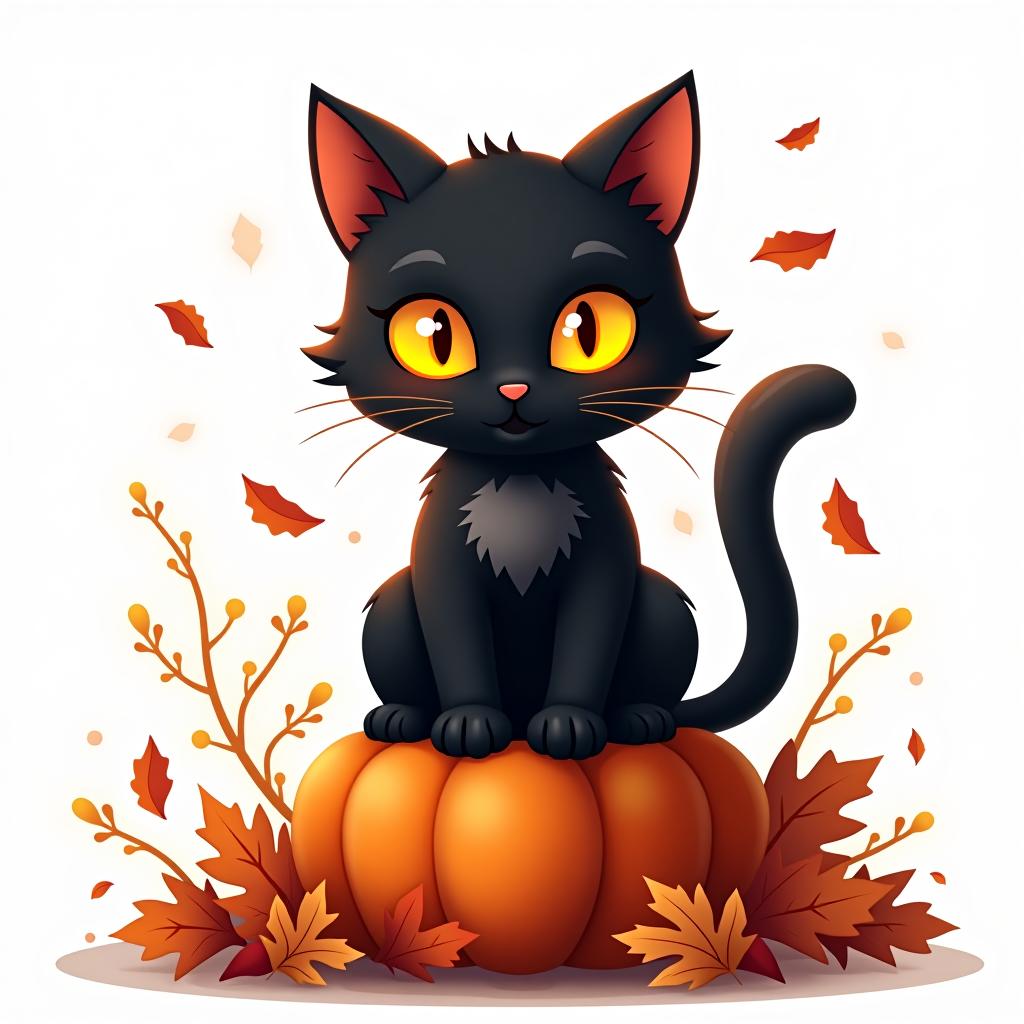  a cute black cat with glowing eyes sitting on a pumpkin, surrounded by swirling autumn leaves in a whimsical style, with warm, moody lighting. t shirt design, vector, contour, white background, no mockup hyperrealistic, full body, detailed clothing, highly detailed, cinematic lighting, stunningly beautiful, intricate, sharp focus, f/1. 8, 85mm, (centered image composition), (professionally color graded), ((bright soft diffused light)), volumetric fog, trending on instagram, trending on tumblr, HDR 4K, 8K