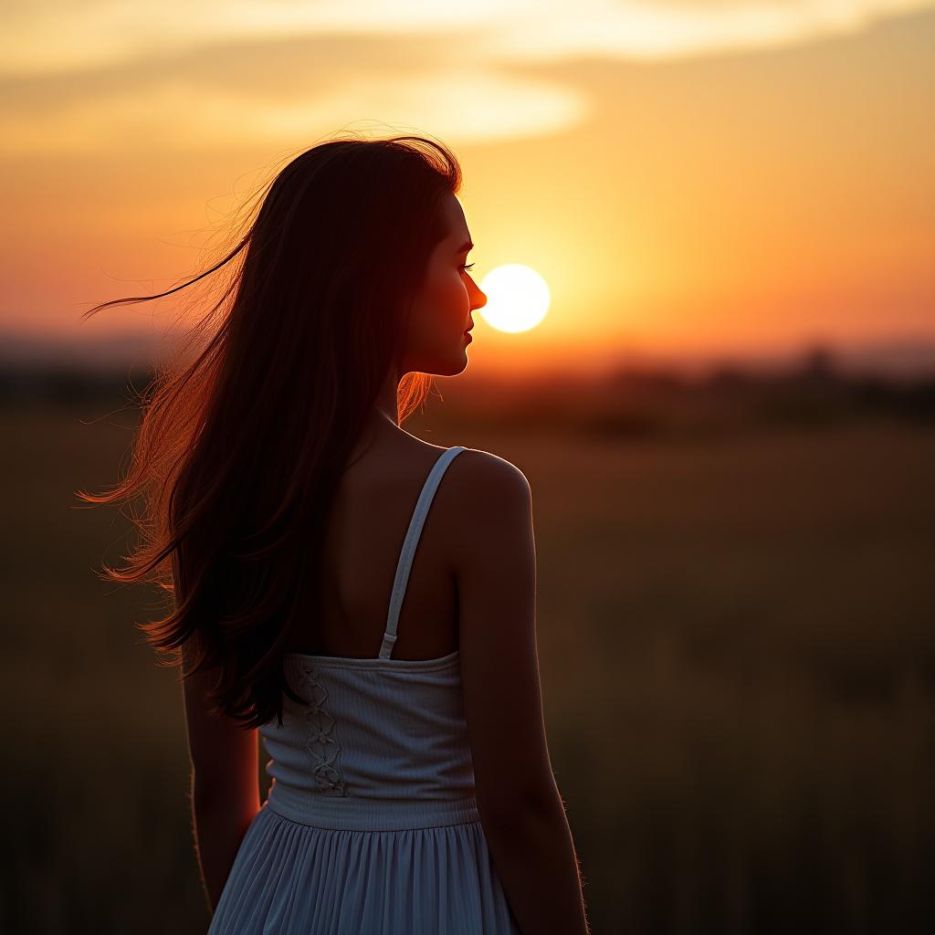  the brunette girl is standing at sunset.