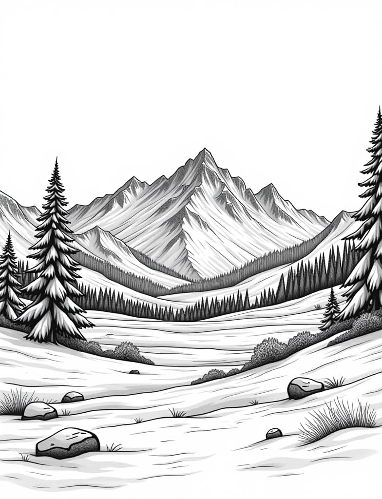  this is for an adult coloring page. a detailed black and white line art of a snowy snowy landscape with a distant view of a mountain range on a solid white background.