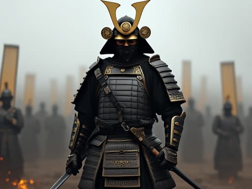  a japanese samurai in full traditional armor, standing in the middle of a battlefield. the samurai wears ornate, dark armor with gold accents, holding a sword