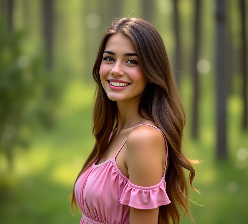  a beautiful hazel eyed young woman with long brown hair smiling in forest in summer wearing pink dress