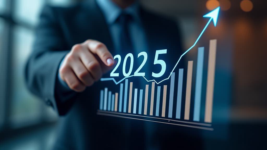  the 2025 new year business goals concept. businessman analyzes graph of trend market growth in 2025 and plans business growth and profit increases. calculates financial data for long term investments.