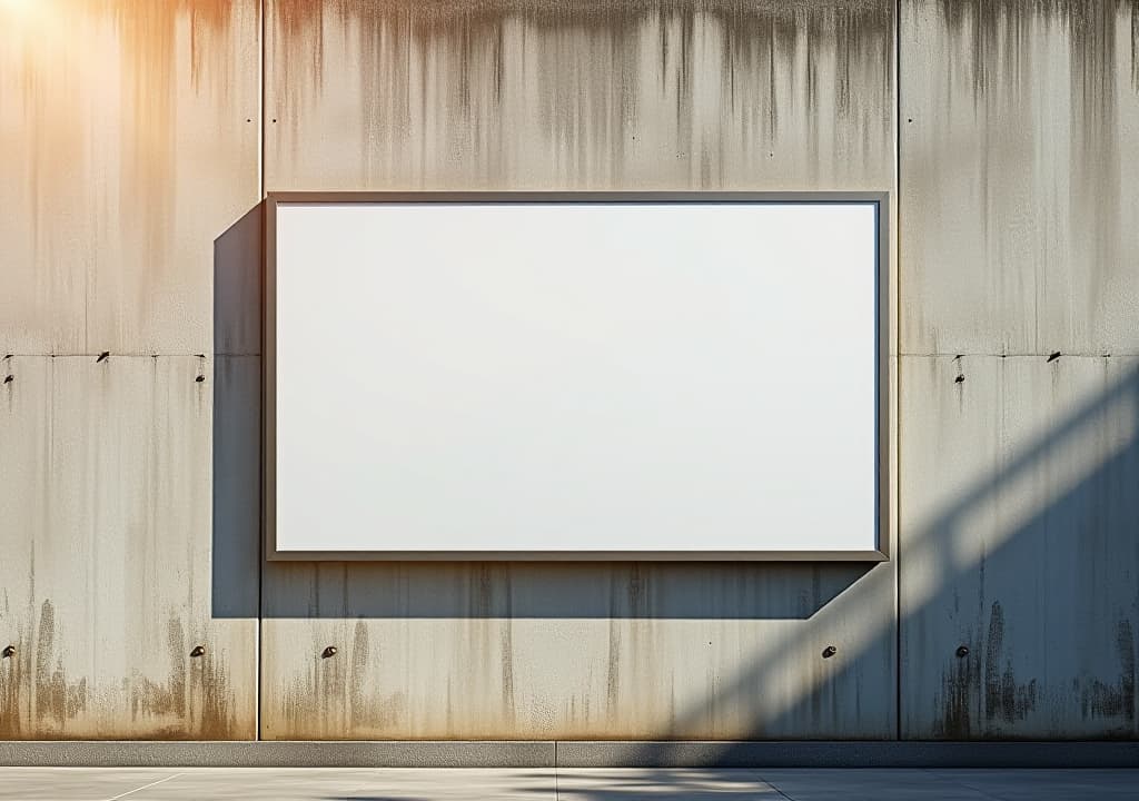  blank billboard on a weathered concrete wall with sunlight shining through.