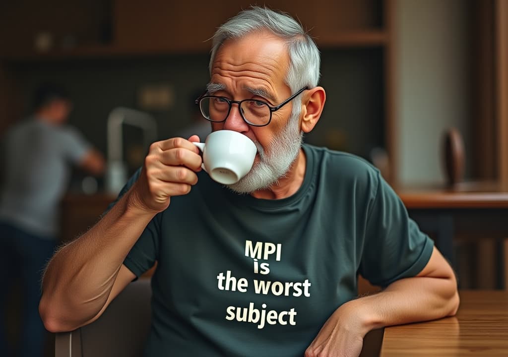  a old man drinking coffee with the t shirt that says "mpi is the worst subject