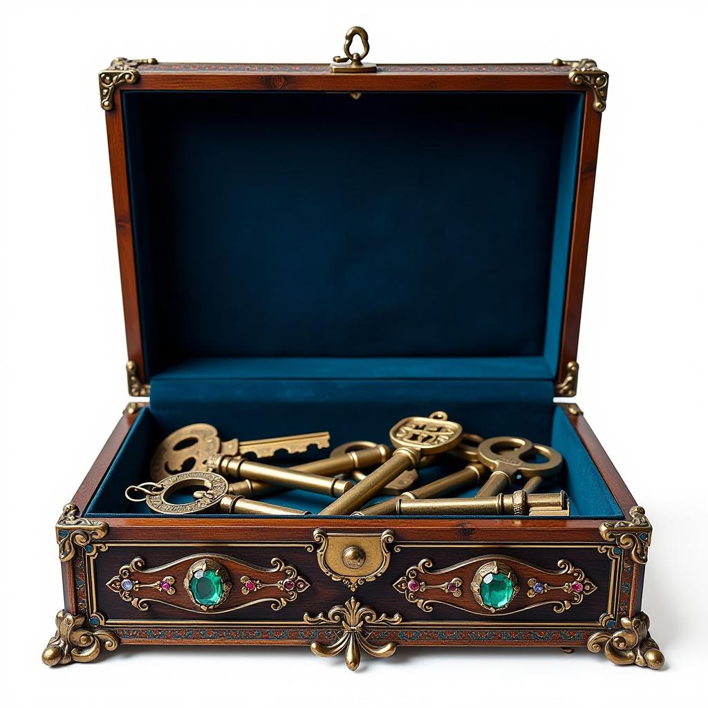  i look into a large, open, ancient, elegant box with a gold edging inlaid with emeralds, sapphires, rubies stuffed with keys and tools. located flat, full face, right in front of my face inside a dark blue velour. on the case of the box is a tag that says "st" in gold. clear image of white background