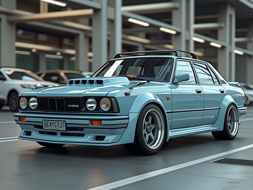  1990 x80 toyota cressida, wide body, slammed, stanced, 17x11 wheels, light blue, bbs wheels, photo realistic, highly intricate and detailed, masterpiece, ultra high res,photography,8k resolution