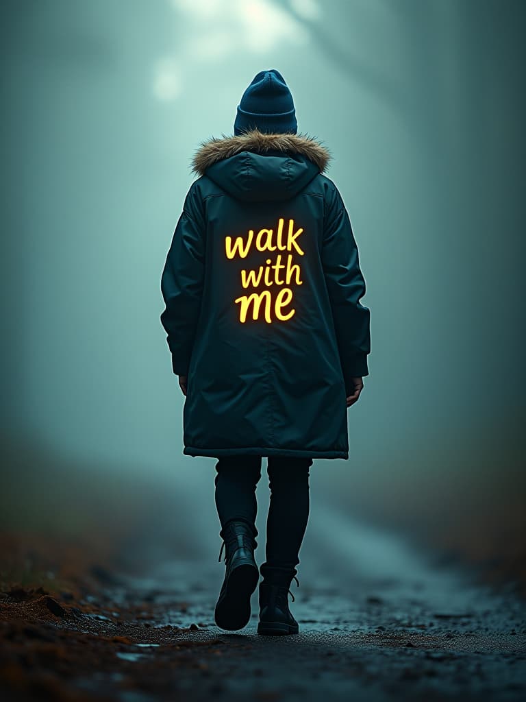  design a logo with the theme "walk with me". hyperrealistic, full body, detailed clothing, highly detailed, cinematic lighting, stunningly beautiful, intricate, sharp focus, f/1. 8, 85mm, (centered image composition), (professionally color graded), ((bright soft diffused light)), volumetric fog, trending on instagram, trending on tumblr, HDR 4K, 8K