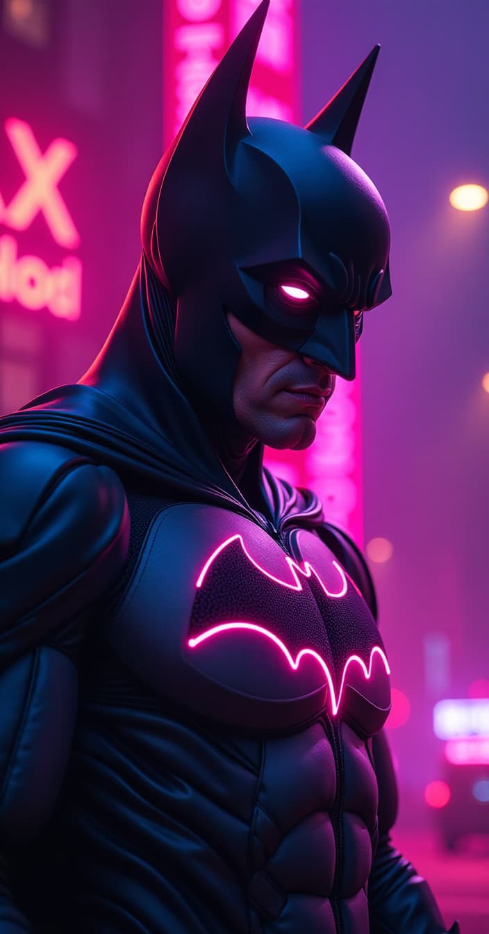  neonpunk style batman . cyberpunk, vaporwave, neon, vibes, vibrant, stunningly beautiful, crisp, detailed, sleek, ultramodern, magenta highlights, dark purple shadows, high contrast, cinematic, ultra detailed, intricate, professional