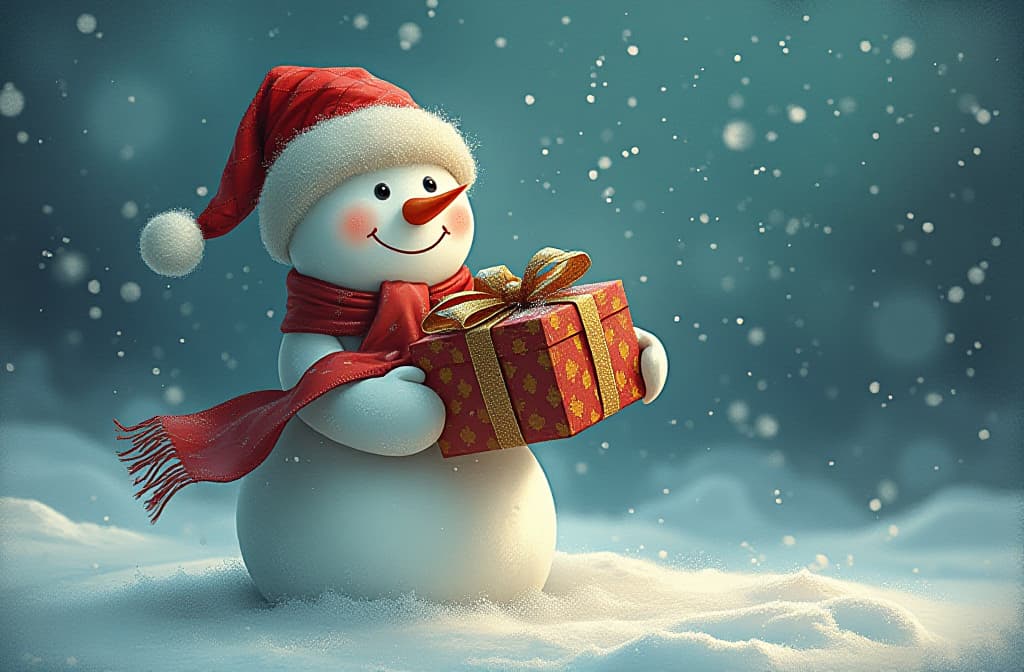  snowman holding gift box above him letters “merry christmas” ar 3:2 {prompt}, maximum details