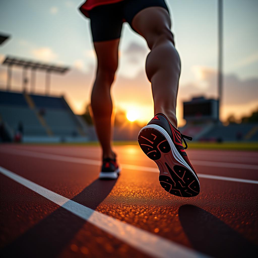  focus on running shoes of athletic runner training in stadium at sunset, preparing for sports competition, olympic games