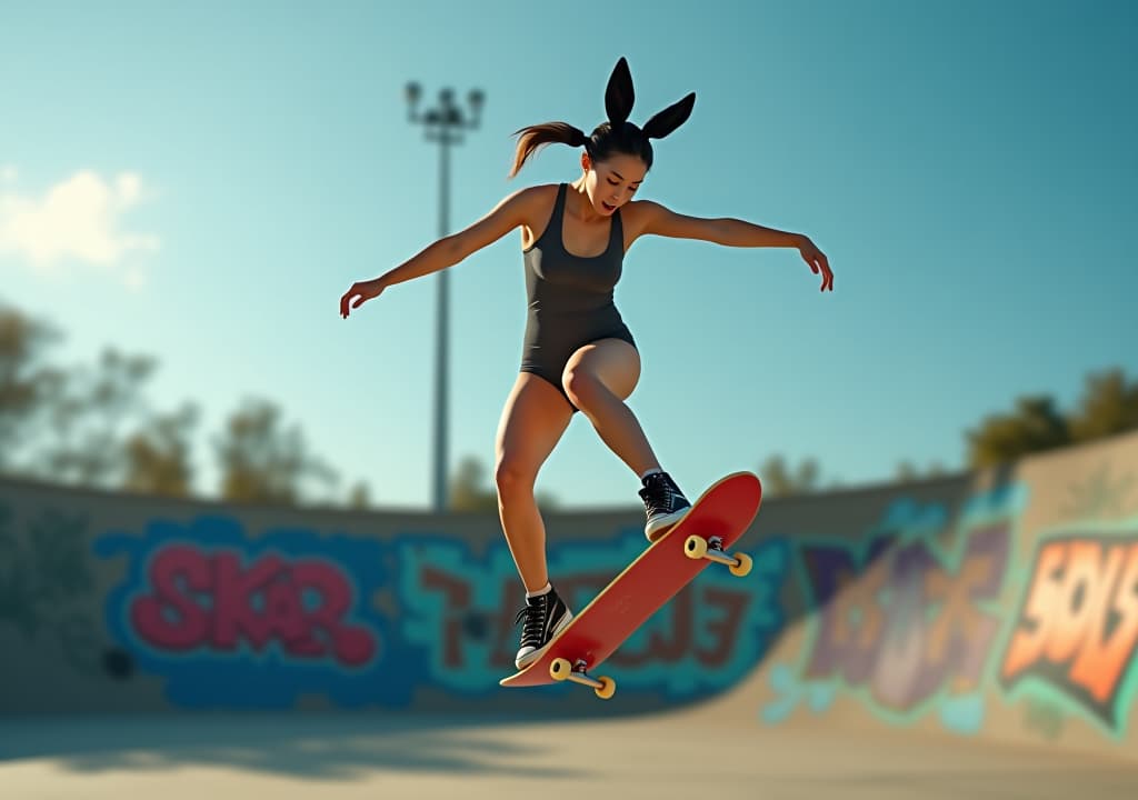  a photo realistic full body image of 40 asian woman hair styled into two neat ids, wears a leotard bunny suit that highlight her athletic build. as she executes a smooth 360 flip on her skateboard, she is captured mid air, the surrounding skate park is alive with vint graffiti, the colorful art on the concrete walls contrasting with the bright blue sky above. her black high top sneakers grip the board as she spins effortlessly, her expression focused and confident. the late afternoon sunlight casts dynamic shadows, emphasizing the fluidity of her movement and the urban energy of the scene., high budget, bokeh, cinemascope, moody, epic, gorgeous