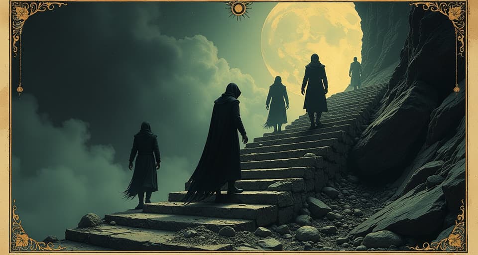  shadowy figures ascending stairs that crumble beneath them, bleak surroundings, sense of ambition and futility, dim and eerie. an illustration in the style of a worn, mystical old tarot trump card, mysterious and elements of surrealism. the colors are muted, somber and eerie, but with contrast bring out an occult and esoteric vibe.