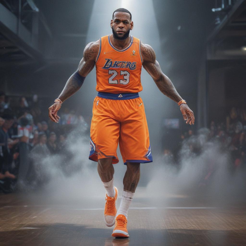 distance-shot, flashy, full-body, dynamic, holographic, animated cartoon poster of lebron james in the style of dragon ball super hyperrealistic, full body, detailed clothing, highly detailed, cinematic lighting, stunningly beautiful, intricate, sharp focus, f/1. 8, 85mm, (centered image composition), (professionally color graded), ((bright soft diffused light)), volumetric fog, trending on instagram, trending on tumblr, HDR 4K, 8K