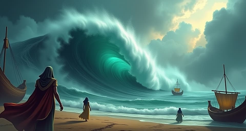  a tidal wave, crashing into an ancient egyptian port, wooden ships overturned, villagers fleeing, stormy skies, symbolizing overwhelming presence. the style is digital art illustration / modern comic book / mysterious occult, symbolic, esoteric vibe,high detail on character design, incorporating ancient egyptian symbology and attire.